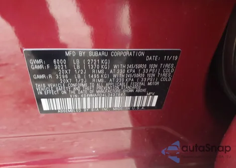 2020 Subaru Ascent Touring z USA, uszkodzony, nr VIN 4S4WMARD4L3437847